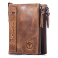 Men Genuine Leather Wallet Vintage Bifold with Double Zipper Pockets Brown