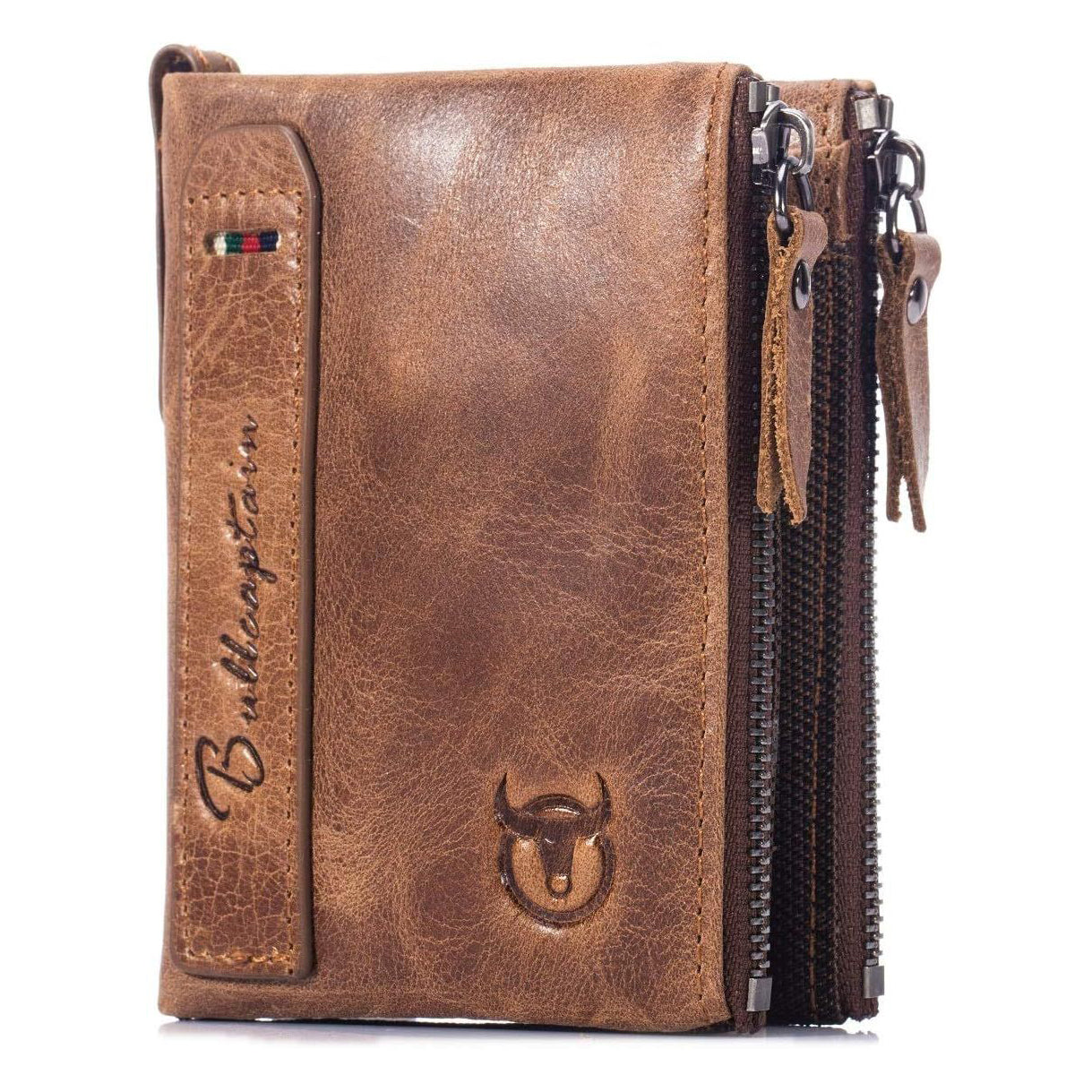 Men Genuine Leather Wallet Vintage Bifold with Double Zipper Pockets Brown