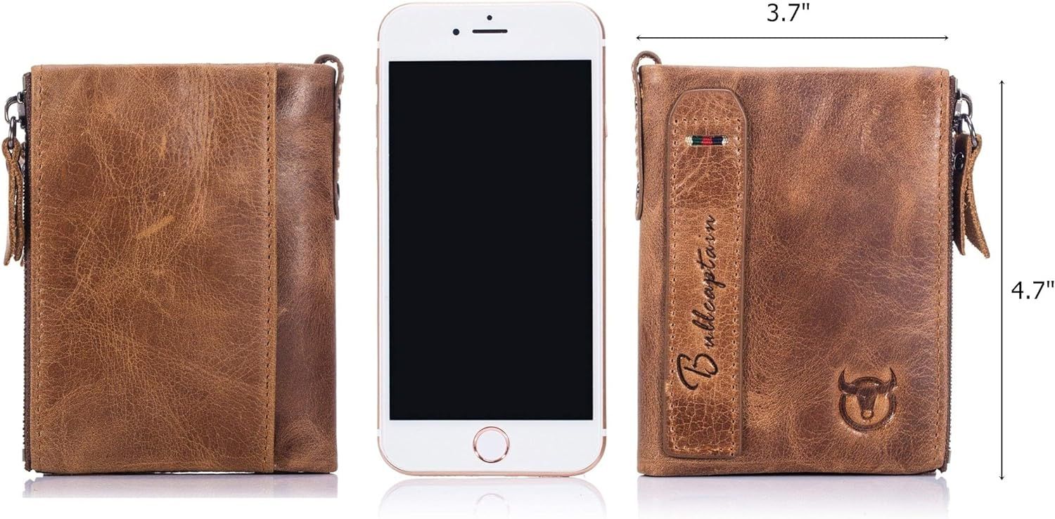 Men Genuine Leather Wallet Vintage Bifold with Double Zipper Pockets Brown