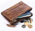 Men Genuine Leather Wallet Vintage Bifold with Double Zipper Pockets Brown