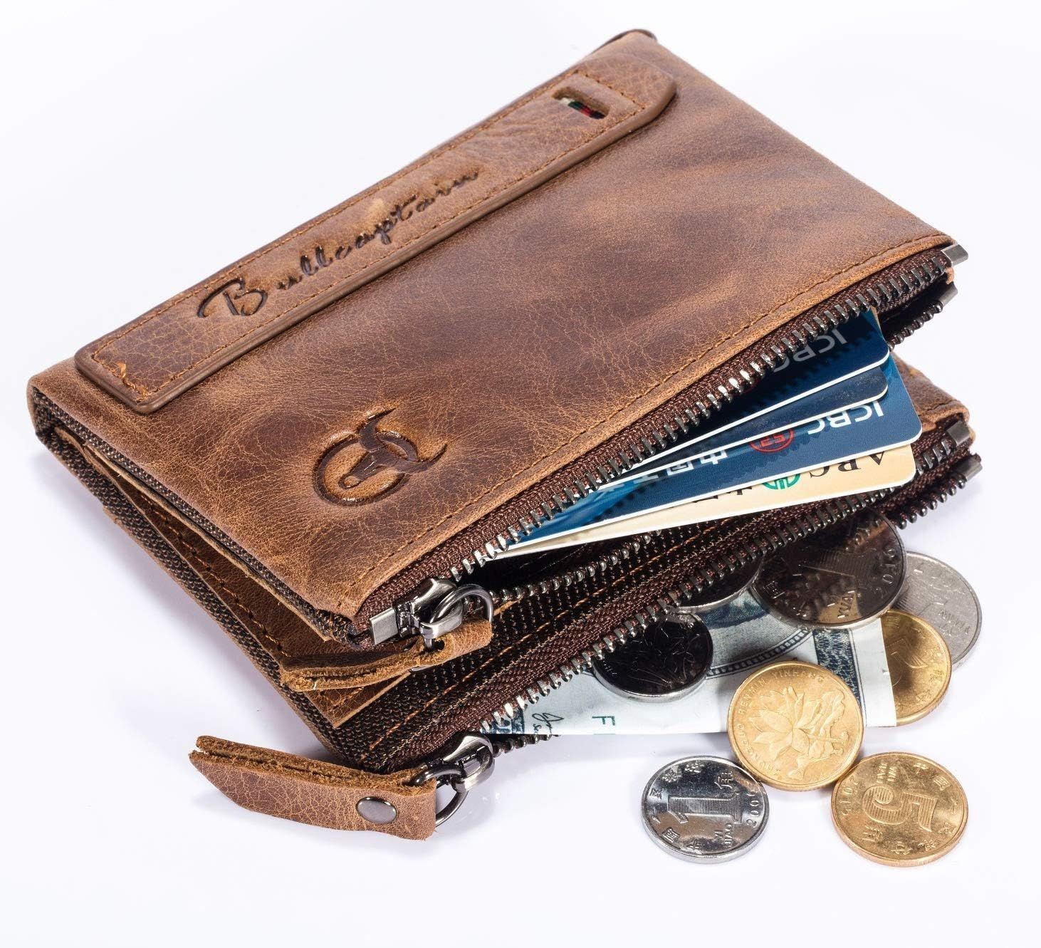 Men Genuine Leather Wallet Vintage Bifold with Double Zipper Pockets Brown