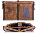 Men Genuine Leather Wallet Vintage Bifold with Double Zipper Pockets Brown