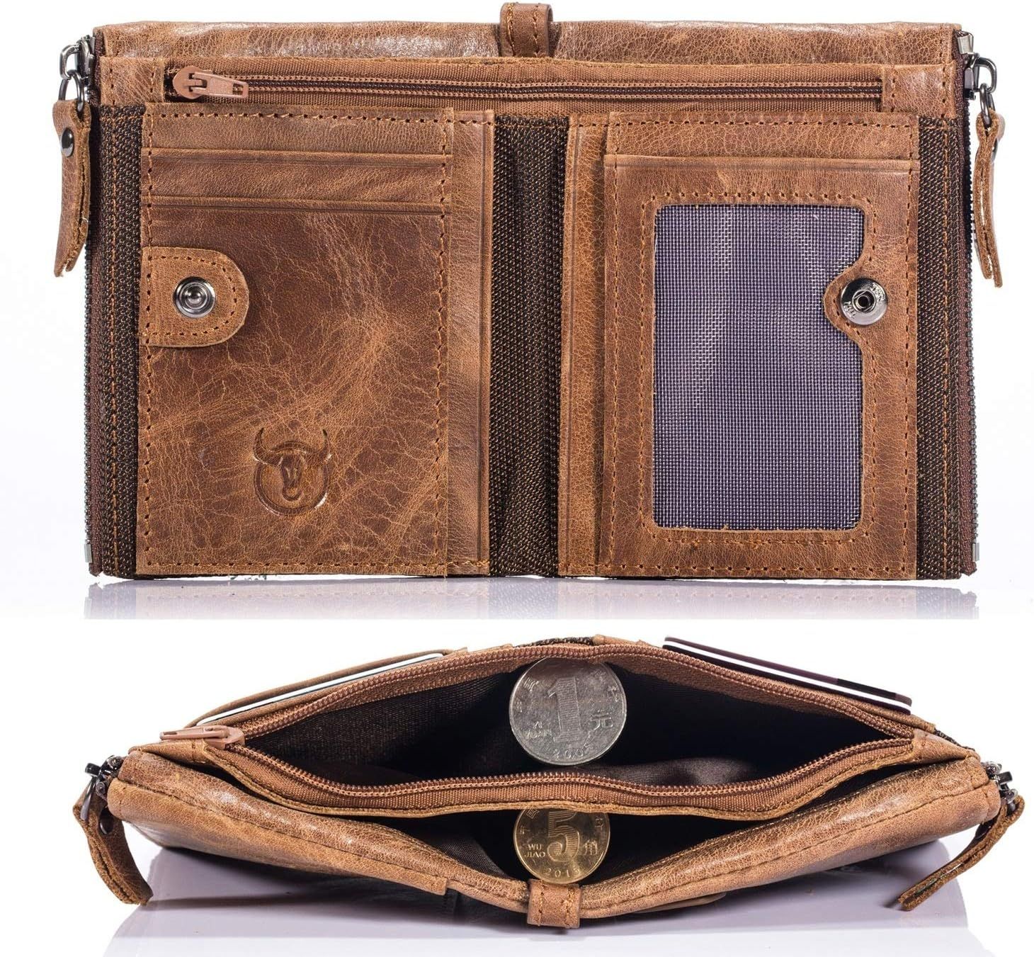 Men Genuine Leather Wallet Vintage Bifold with Double Zipper Pockets Brown