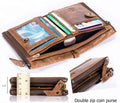 Men Genuine Leather Wallet Vintage Bifold with Double Zipper Pockets Brown