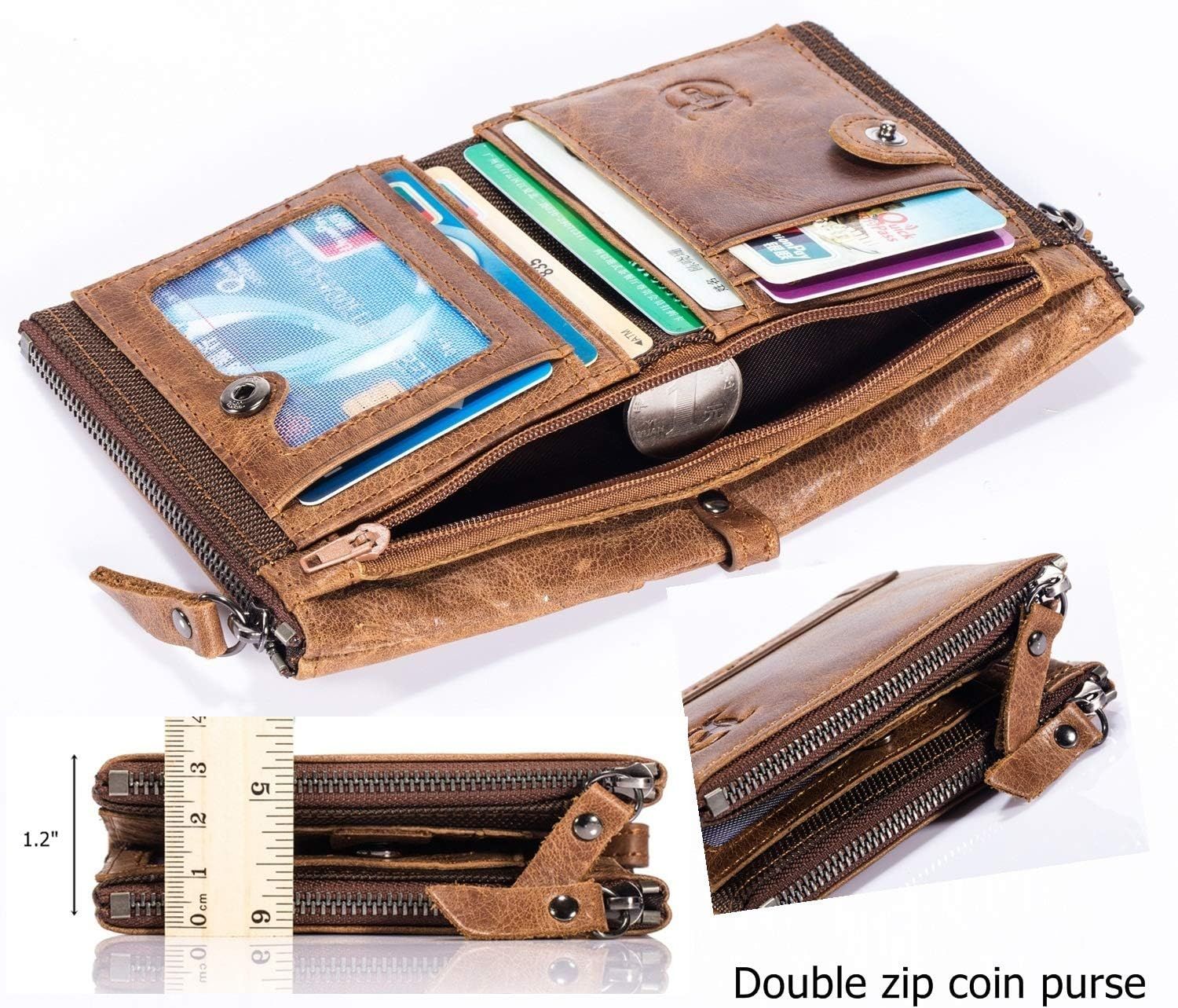Men Genuine Leather Wallet Vintage Bifold with Double Zipper Pockets Brown