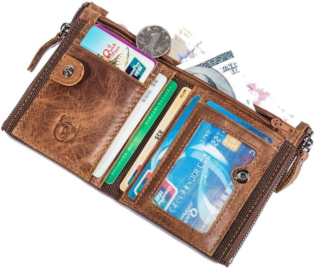 Men Genuine Leather Wallet Vintage Bifold with Double Zipper Pockets Brown