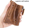 Men Genuine Leather Wallet Vintage Bifold with Double Zipper Pockets Brown