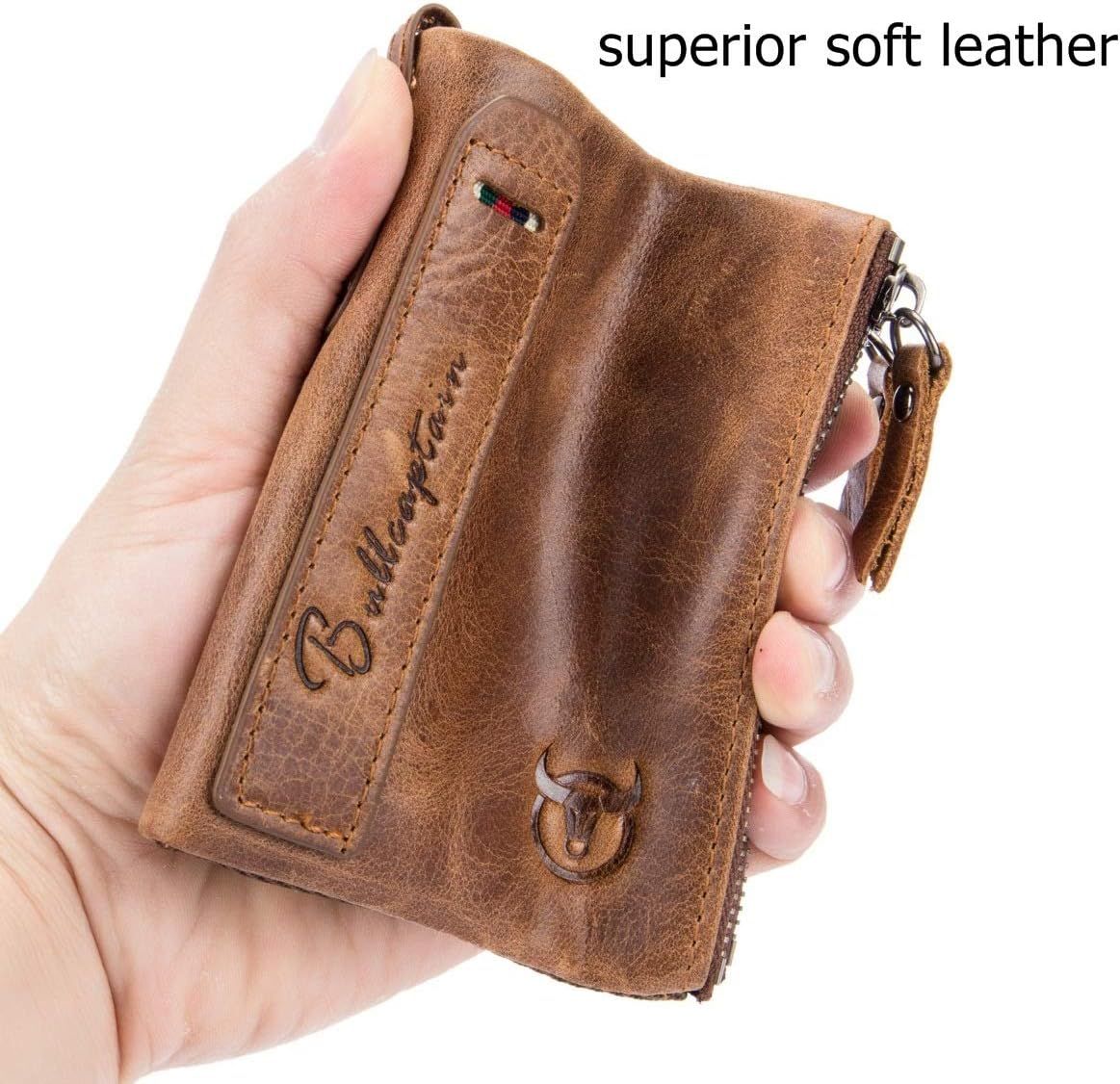 Men Genuine Leather Wallet Vintage Bifold with Double Zipper Pockets Brown