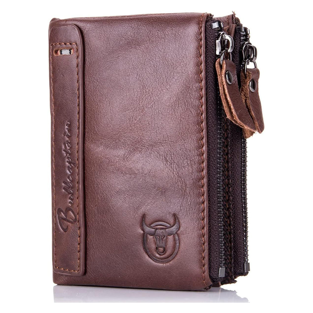Men Genuine Leather Wallet Vintage Bifold with Double Zipper Pockets Coffee