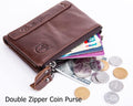Men Genuine Leather Wallet Vintage Bifold with Double Zipper Pockets Coffee