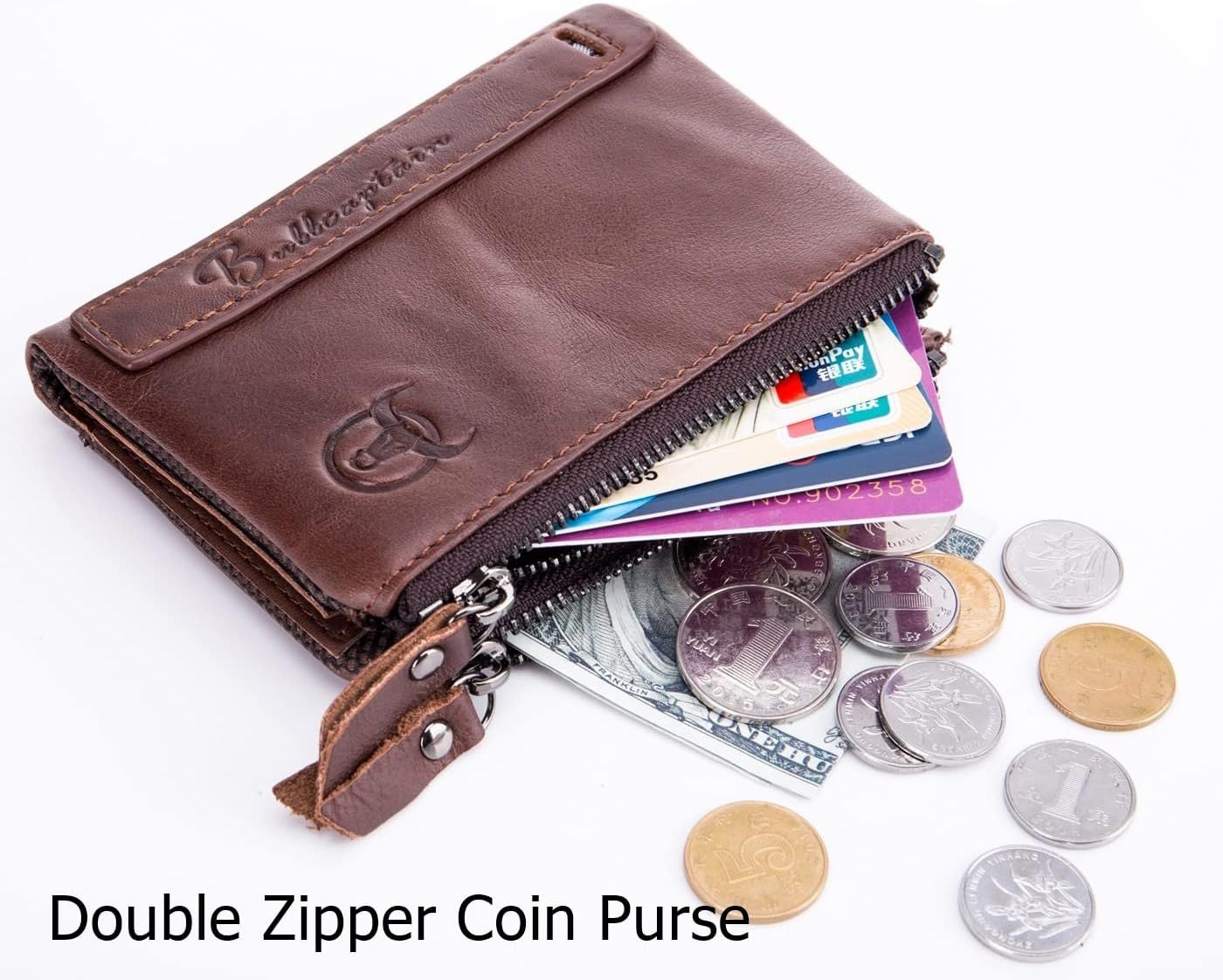 Men Genuine Leather Wallet Vintage Bifold with Double Zipper Pockets Coffee