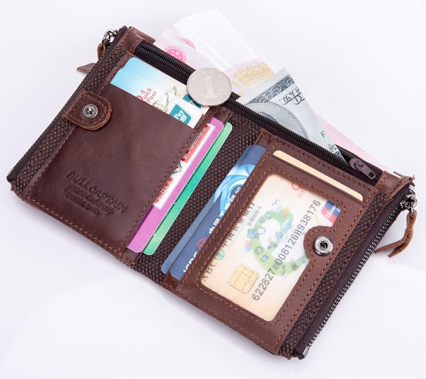 Men Genuine Leather Wallet Vintage Bifold with Double Zipper Pockets Coffee