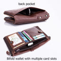 Men Genuine Leather Wallet Vintage Bifold with Double Zipper Pockets Coffee