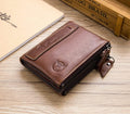 Men Genuine Leather Wallet Vintage Bifold with Double Zipper Pockets Coffee