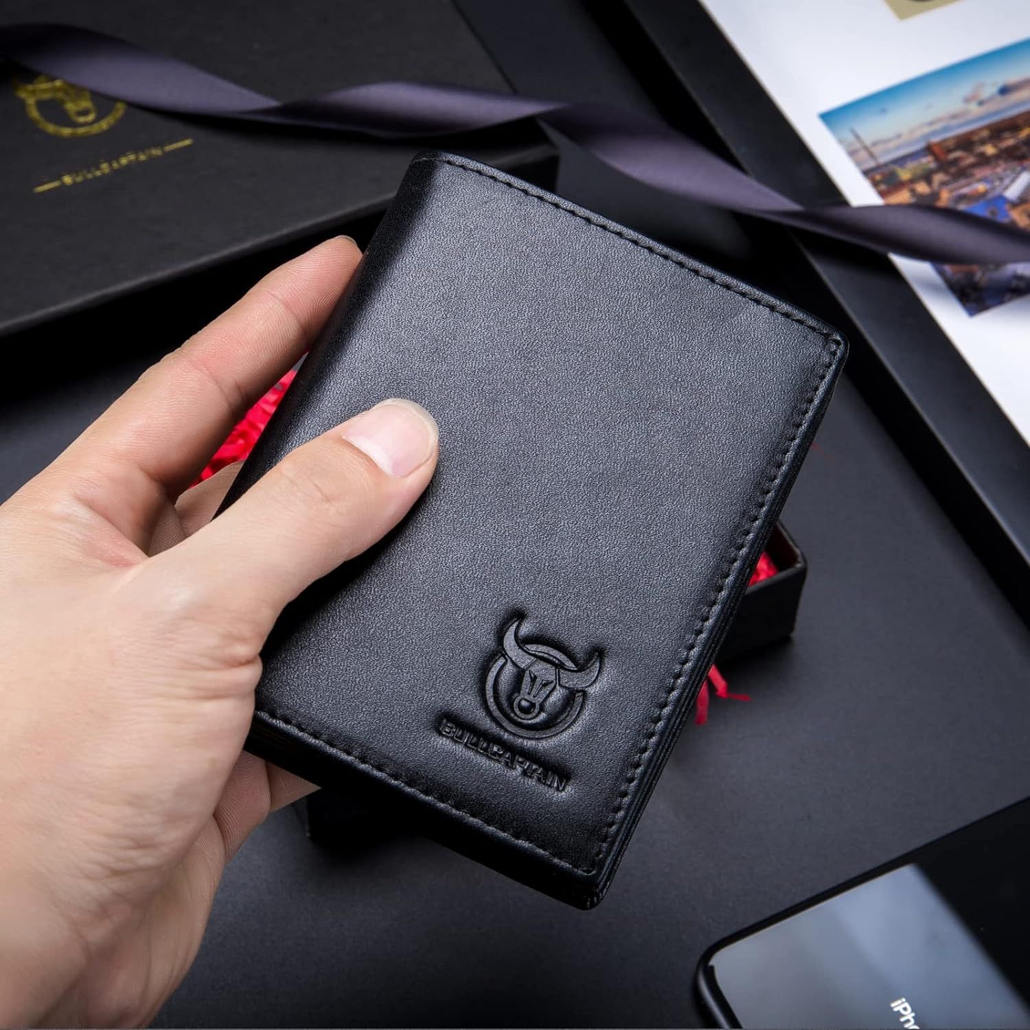 Men Large Capacity Genuine Leather Bifold Wallet Credit Card Holder Black