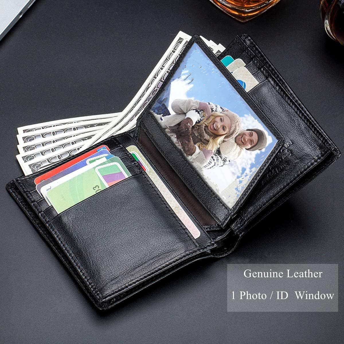 Men Large Capacity Genuine Leather Bifold Wallet Credit Card Holder Black
