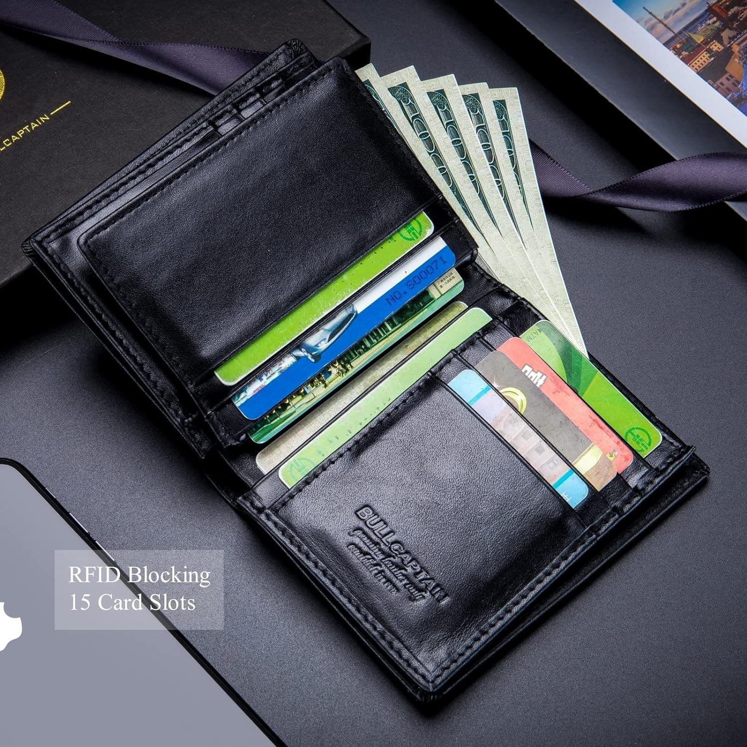 Men Large Capacity Genuine Leather Bifold Wallet Credit Card Holder Black