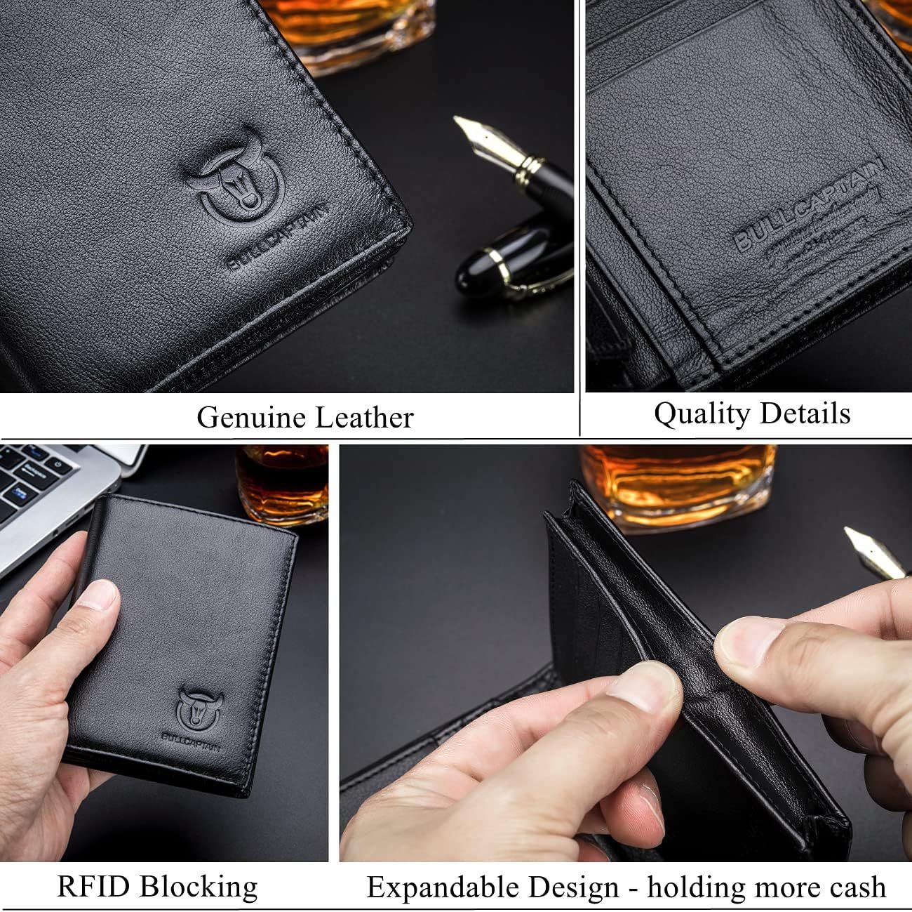 Men Large Capacity Genuine Leather Bifold Wallet Credit Card Holder Black
