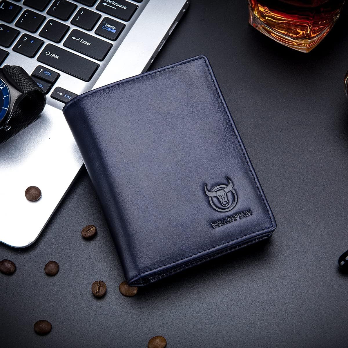 Men Large Capacity Genuine Leather Bifold Wallet Credit Card Holder Blue