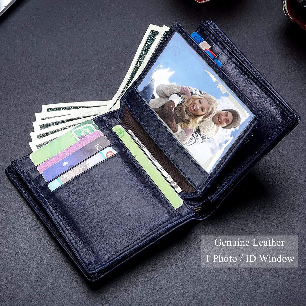Men Large Capacity Genuine Leather Bifold Wallet Credit Card Holder Blue