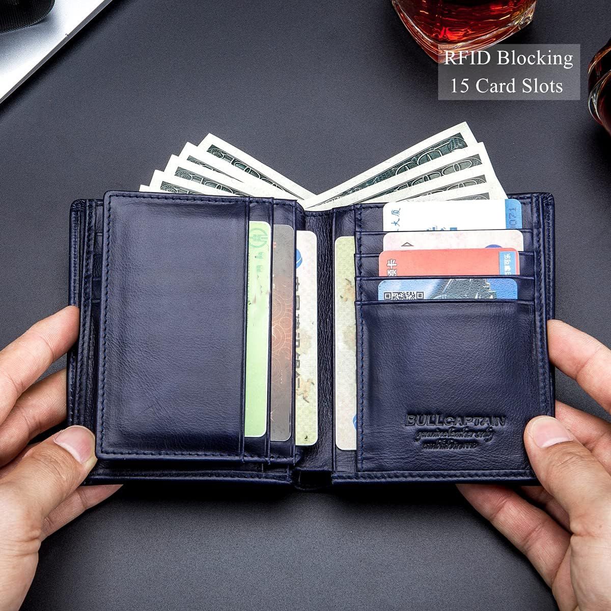 Men Large Capacity Genuine Leather Bifold Wallet Credit Card Holder Blue