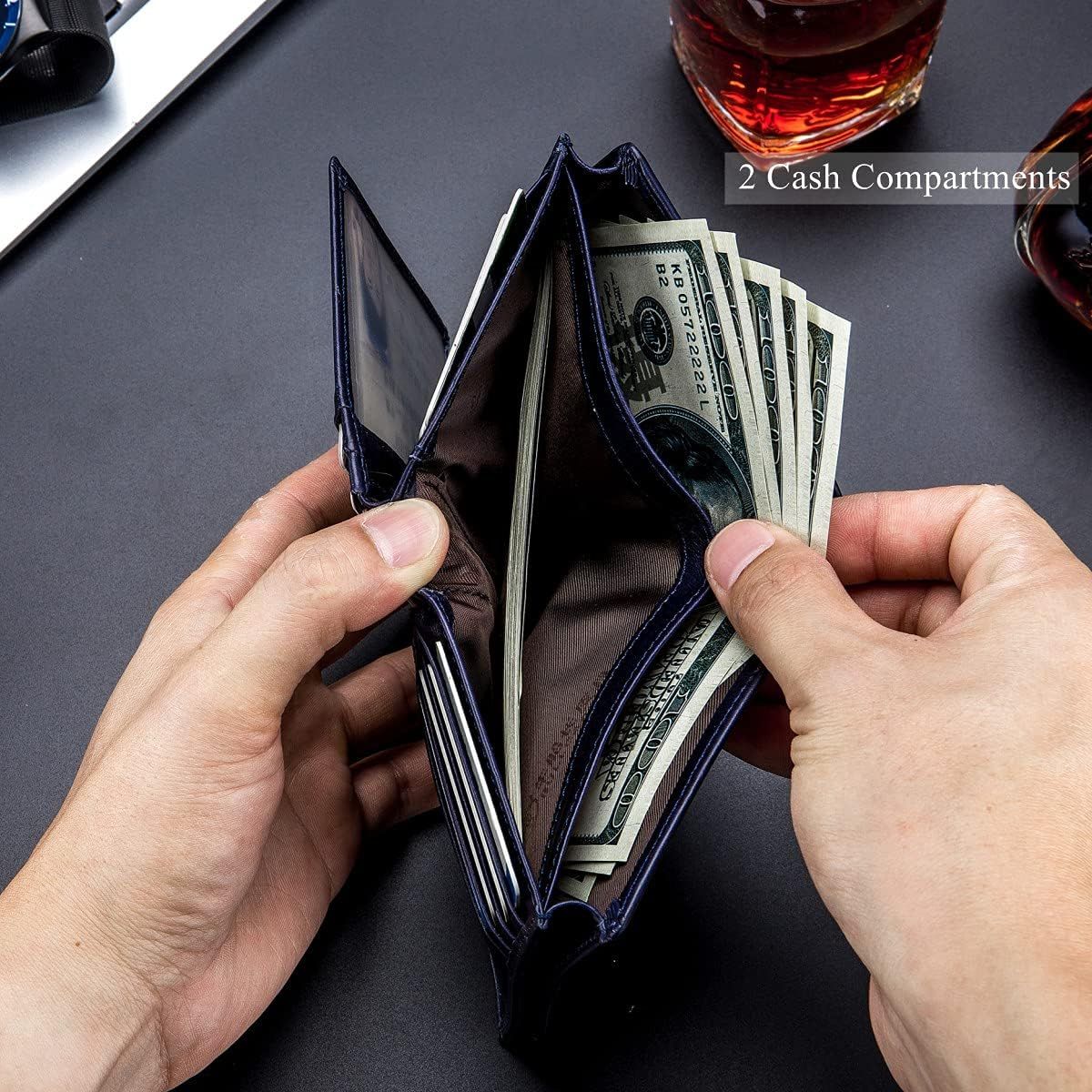 Men Large Capacity Genuine Leather Bifold Wallet Credit Card Holder Blue