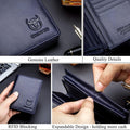 Men Large Capacity Genuine Leather Bifold Wallet Credit Card Holder Blue