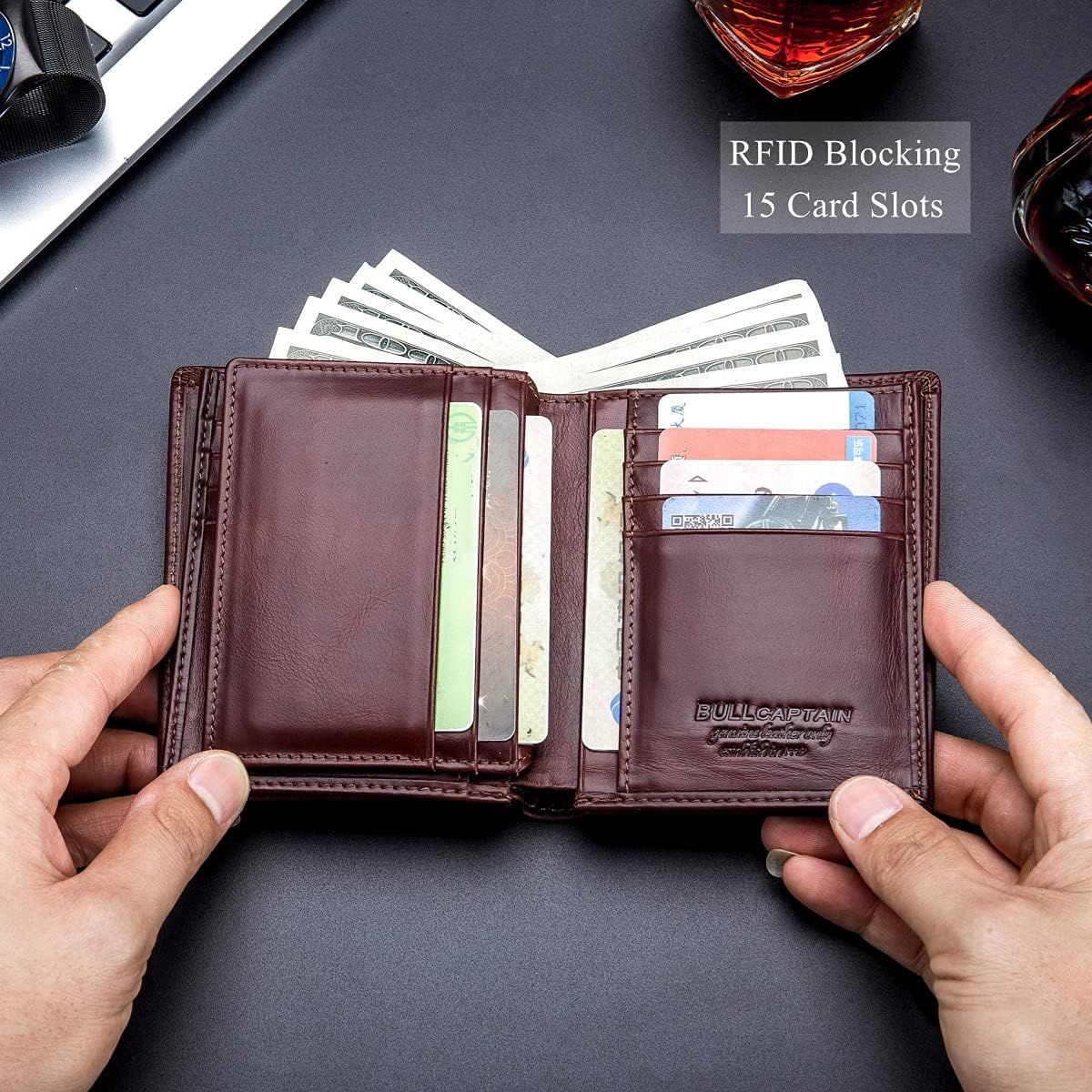 Men Large Capacity Genuine Leather Bifold Wallet Credit Card Holder Brown
