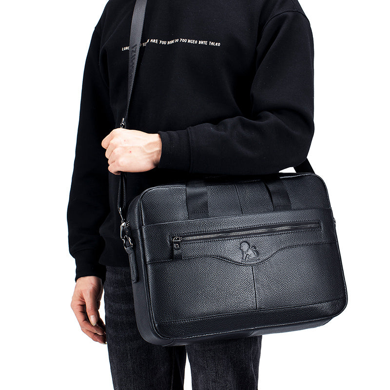 Men Leather 14 Inch Computer Laptop Bag Business Briefcase Messenger Black