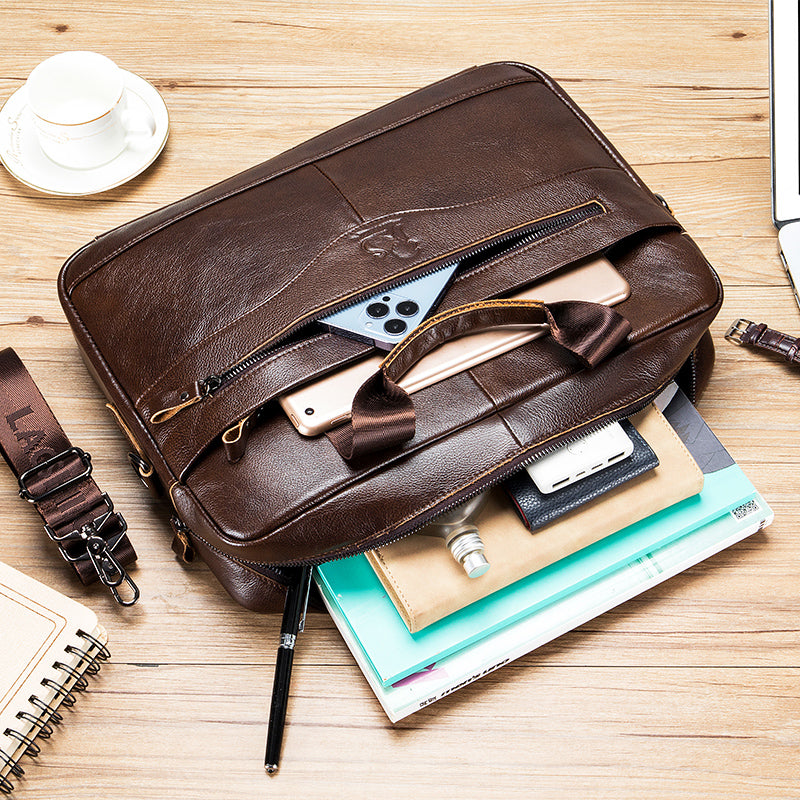 Men Leather 14 Inch Computer Laptop Bag Business Briefcase Messenger Brown