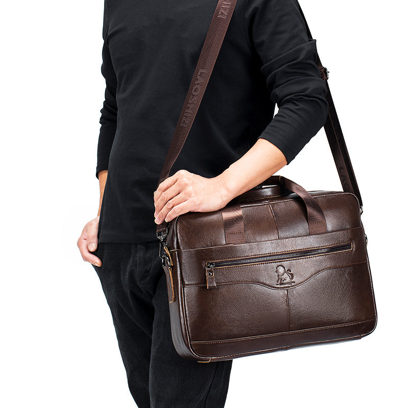 Men Leather 14 Inch Computer Laptop Bag Business Briefcase Messenger Brown