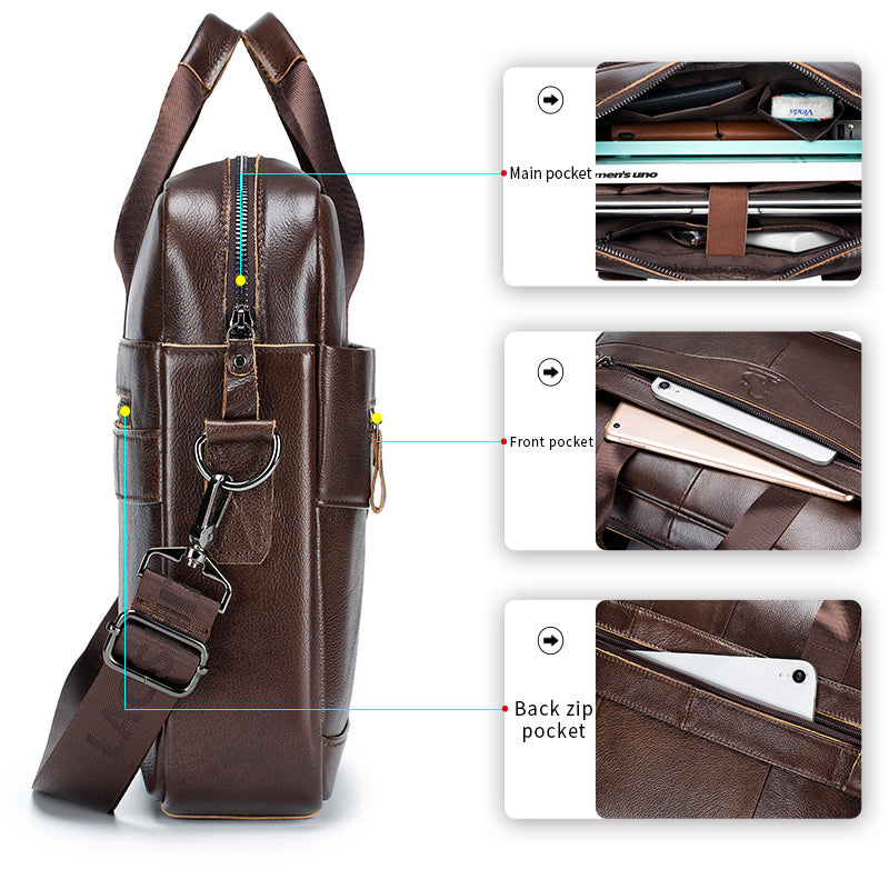 Men Leather 14 Inch Computer Laptop Bag Business Briefcase Messenger Brown