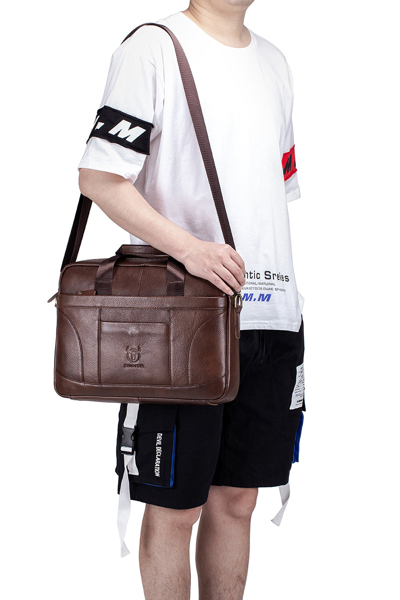 Men Leather 14 Inch Laptop Briefcase Bag Waterproof Messenger Bag Handbag Brown