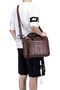 Men Leather 14 Inch Laptop Briefcase Bag Waterproof Messenger Bag Handbag Brown
