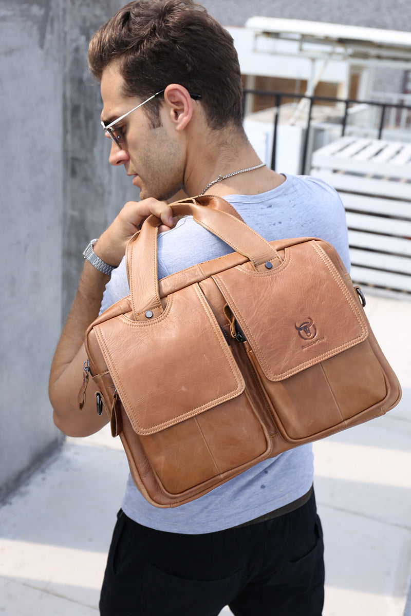 Men Leather Briefcase Bag Business Casual Multiple Compartments Laptop Bag Brown
