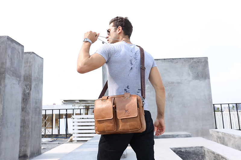 Men Leather Briefcase Bag Business Casual Multiple Compartments Laptop Bag Brown