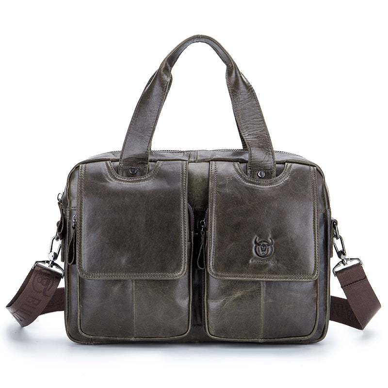 Men Leather Briefcase Bag Business Casual Multiple Compartments Laptop Bag Grey