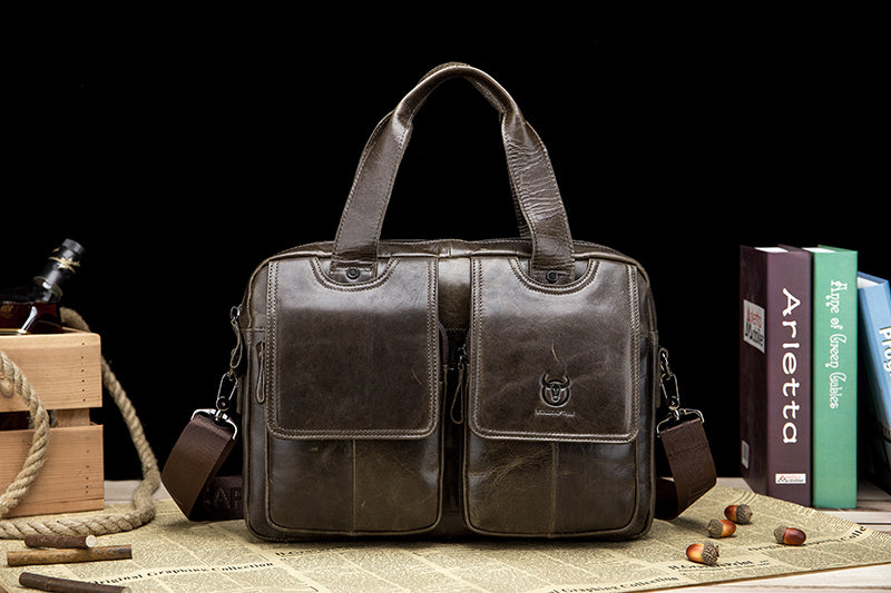 Men Leather Briefcase Bag Business Casual Multiple Compartments Laptop Bag Grey