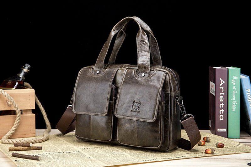 Men Leather Briefcase Bag Business Casual Multiple Compartments Laptop Bag Grey