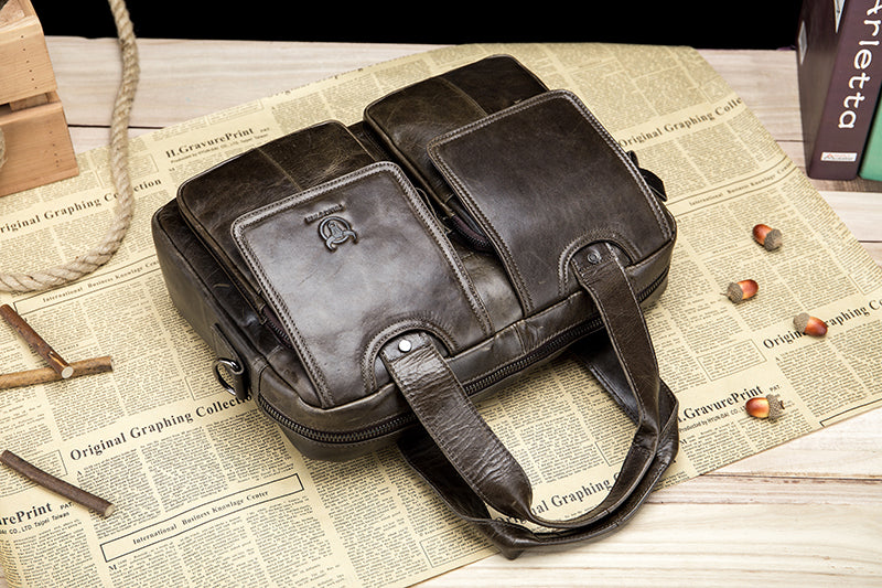Men Leather Briefcase Bag Business Casual Multiple Compartments Laptop Bag Grey