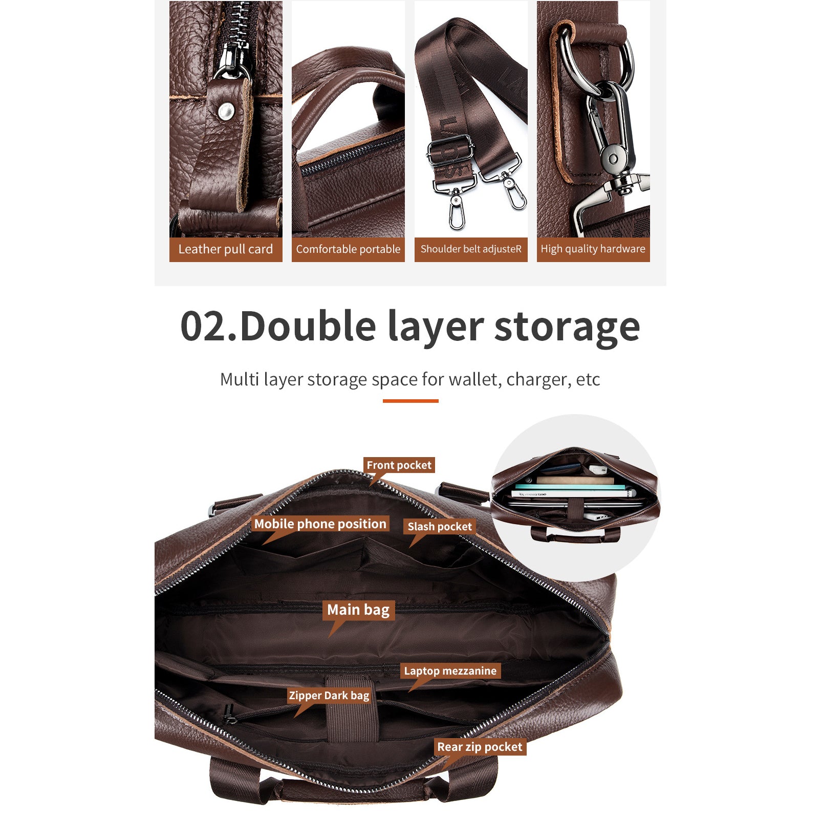 Men Leather Briefcase Large Capacity Business Laptop Messenger Bag Handbag Brown