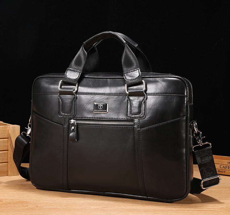 Men Leather Briefcase Vintage 16 Inch Laptop Messenger Rugged Shoulder Bag Black