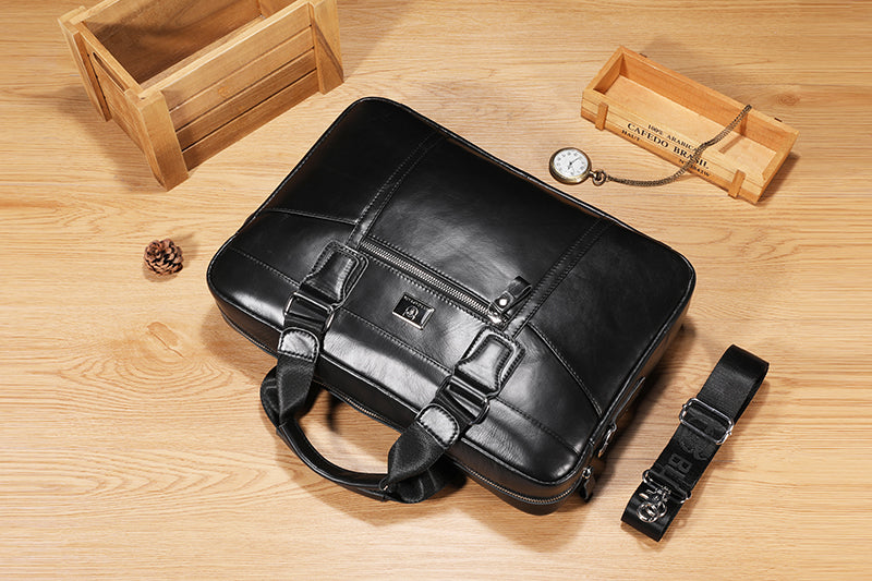 Men Leather Briefcase Vintage 16 Inch Laptop Messenger Rugged Shoulder Bag Black