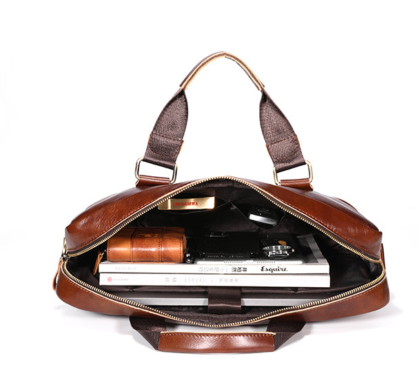 Men Leather Briefcase Vintage 16 Inch Laptop Messenger Rugged Shoulder Bag Brown