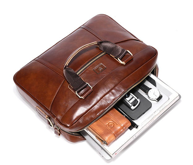 Men Leather Briefcase Vintage 16 Inch Laptop Messenger Rugged Shoulder Bag Brown