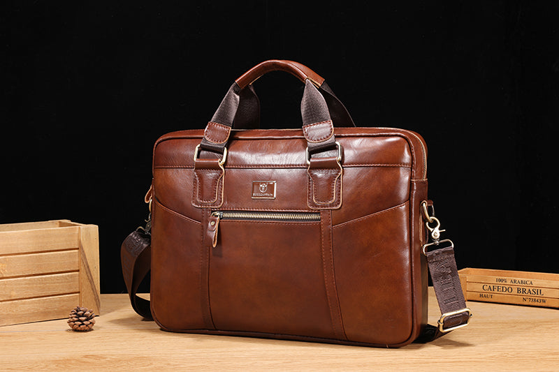 Men Leather Briefcase Vintage 16 Inch Laptop Messenger Rugged Shoulder Bag Brown