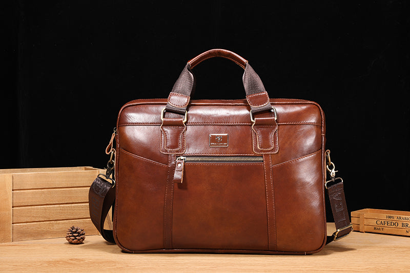 Men Leather Briefcase Vintage 16 Inch Laptop Messenger Rugged Shoulder Bag Brown 