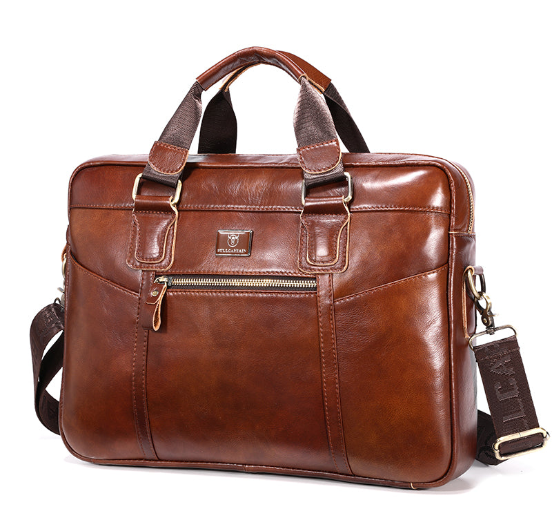Men Leather Briefcase Vintage 16 Inch Laptop Messenger Rugged Shoulder Bag Brown