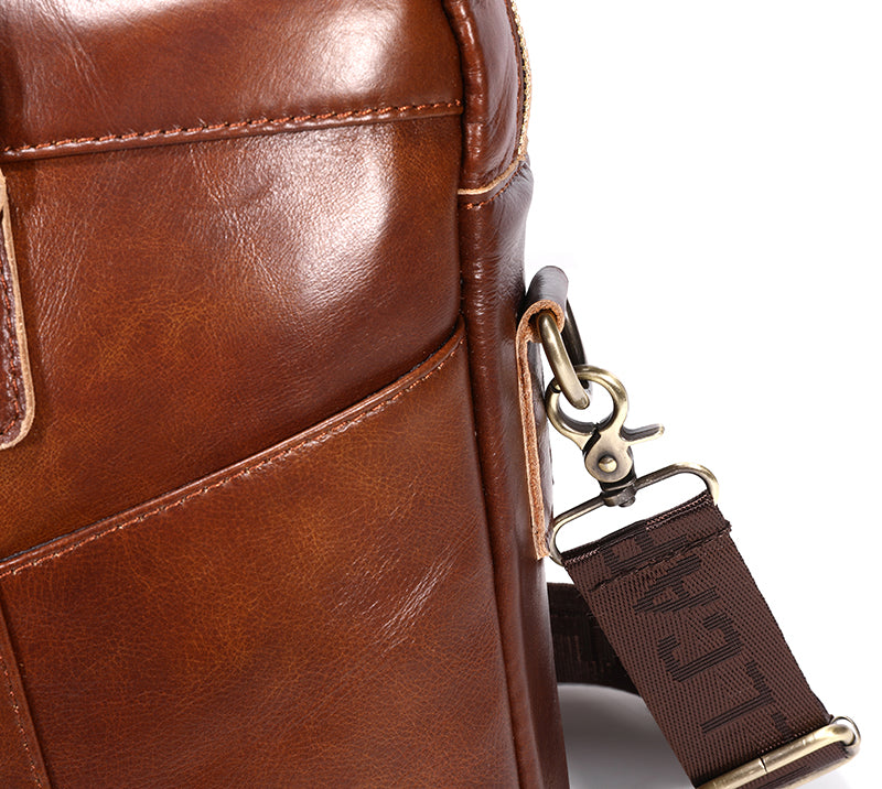 Men Leather Briefcase Vintage 16 Inch Laptop Messenger Rugged Shoulder Bag Brown
