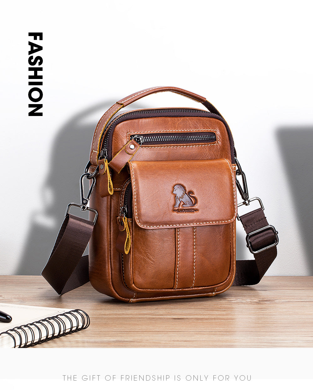 Men Leather Purse Small Messenger Bag Zipper Crossbody Shoulder Bag Brown
